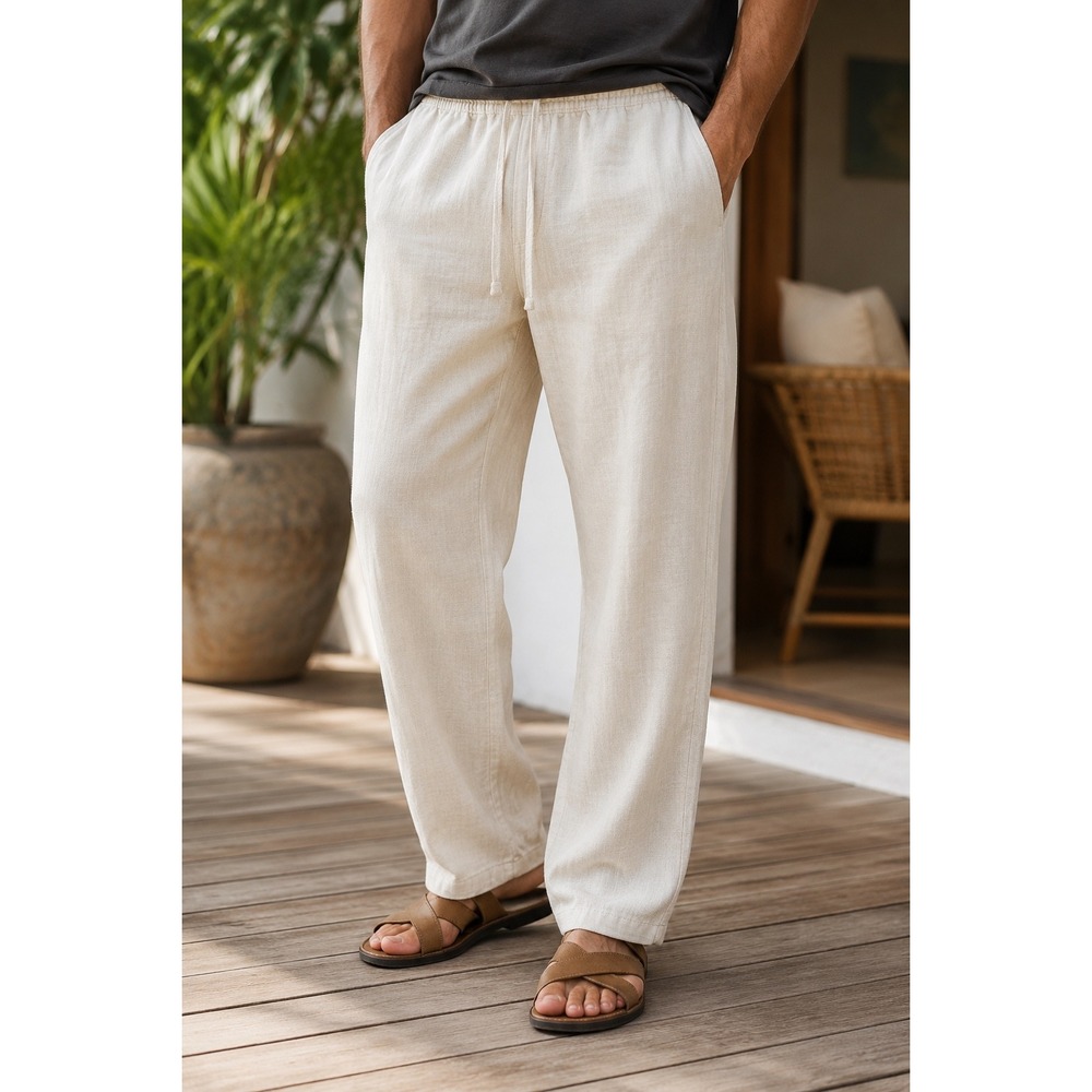Zara Mens Relaxed Fit Textured Cotton Blend Drawstring Pants M 31 Beige 0108/437